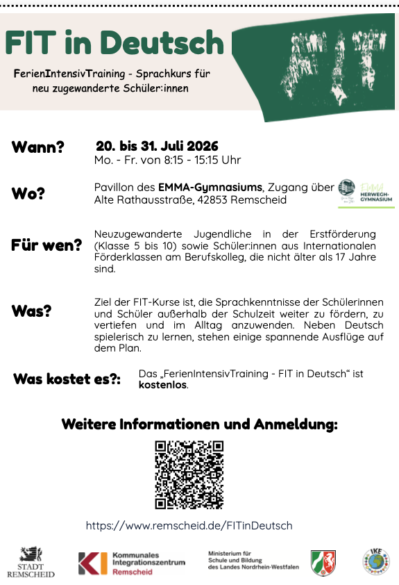 FIT in Deutsch 20.07.26-31.07.26 Mo.-Fr. 8.15 Uhr- 15.15 Uhr Pavillon Emma-Gymnasium für zugewanderte Jugendliche (Klasse 5-10) kostenloses Ferienintensivtraining